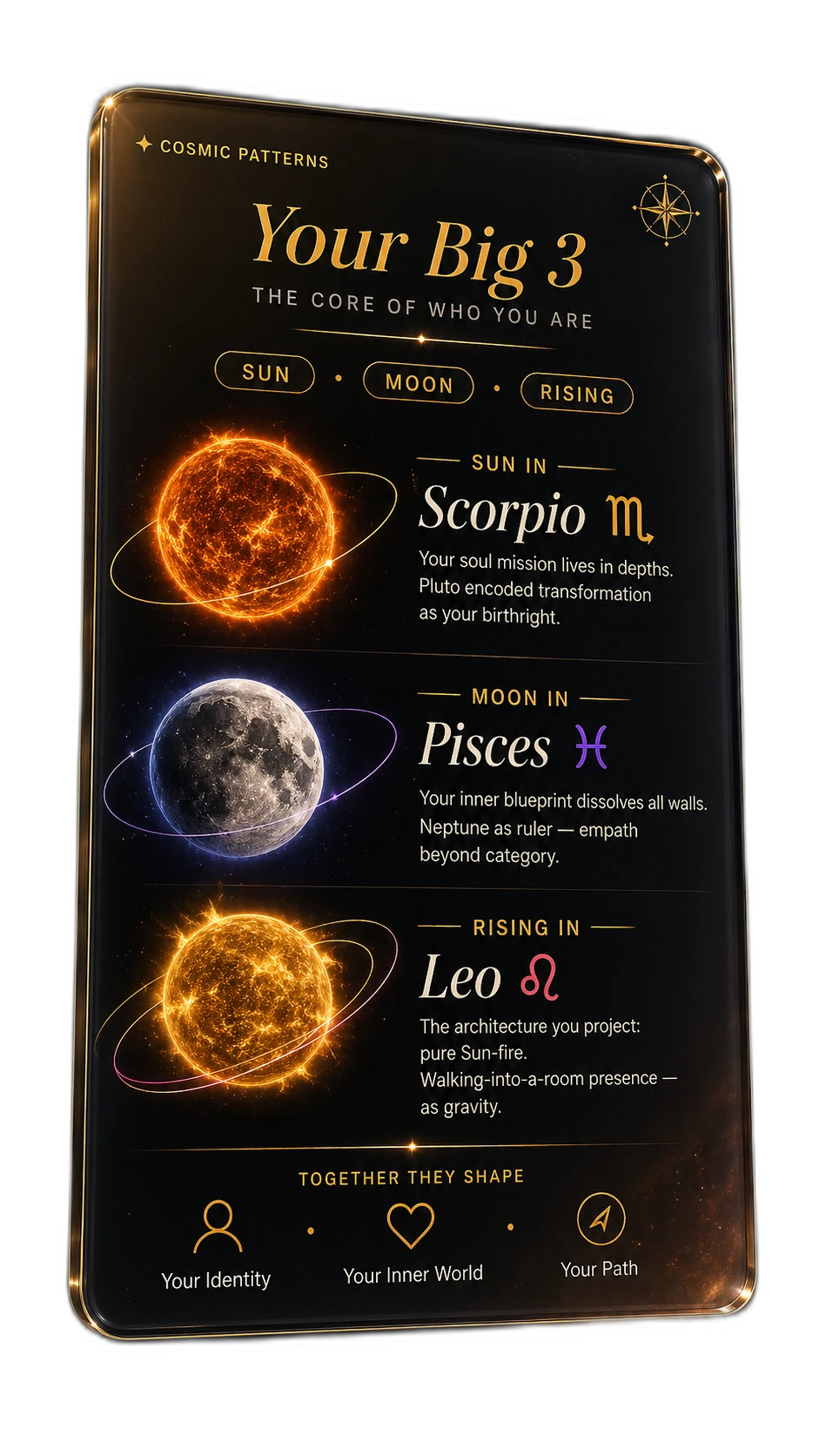 Big 3 Reading sample card — Sun, Moon, and Rising decoded