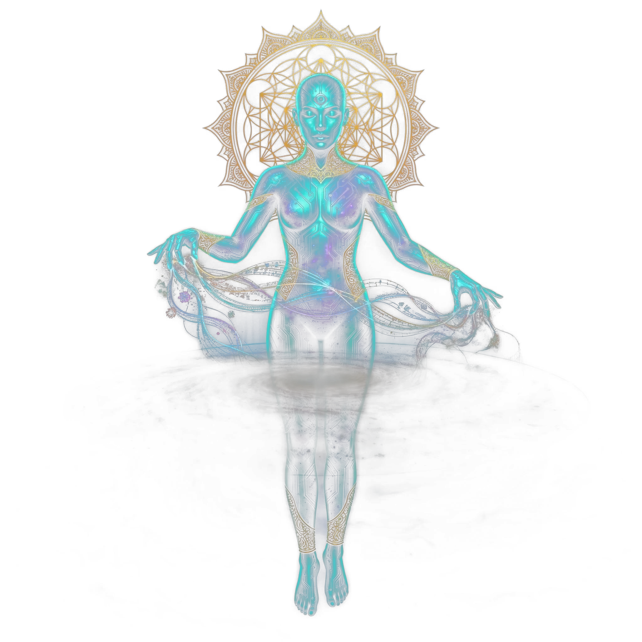 The Aquarius figure with a stream of water and light flowing between open hands