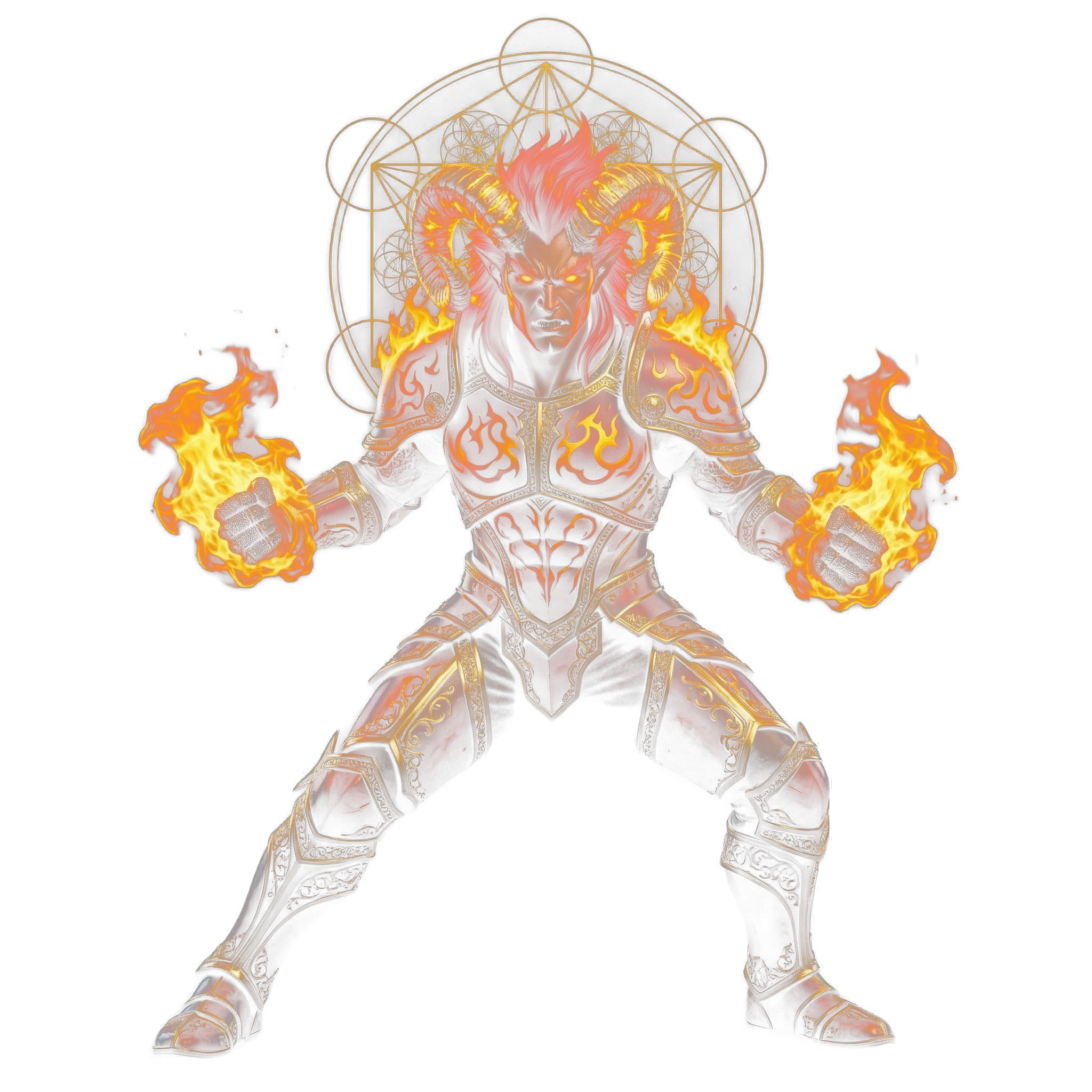 The Aries figure in a fighting stance, flames burning in both fists