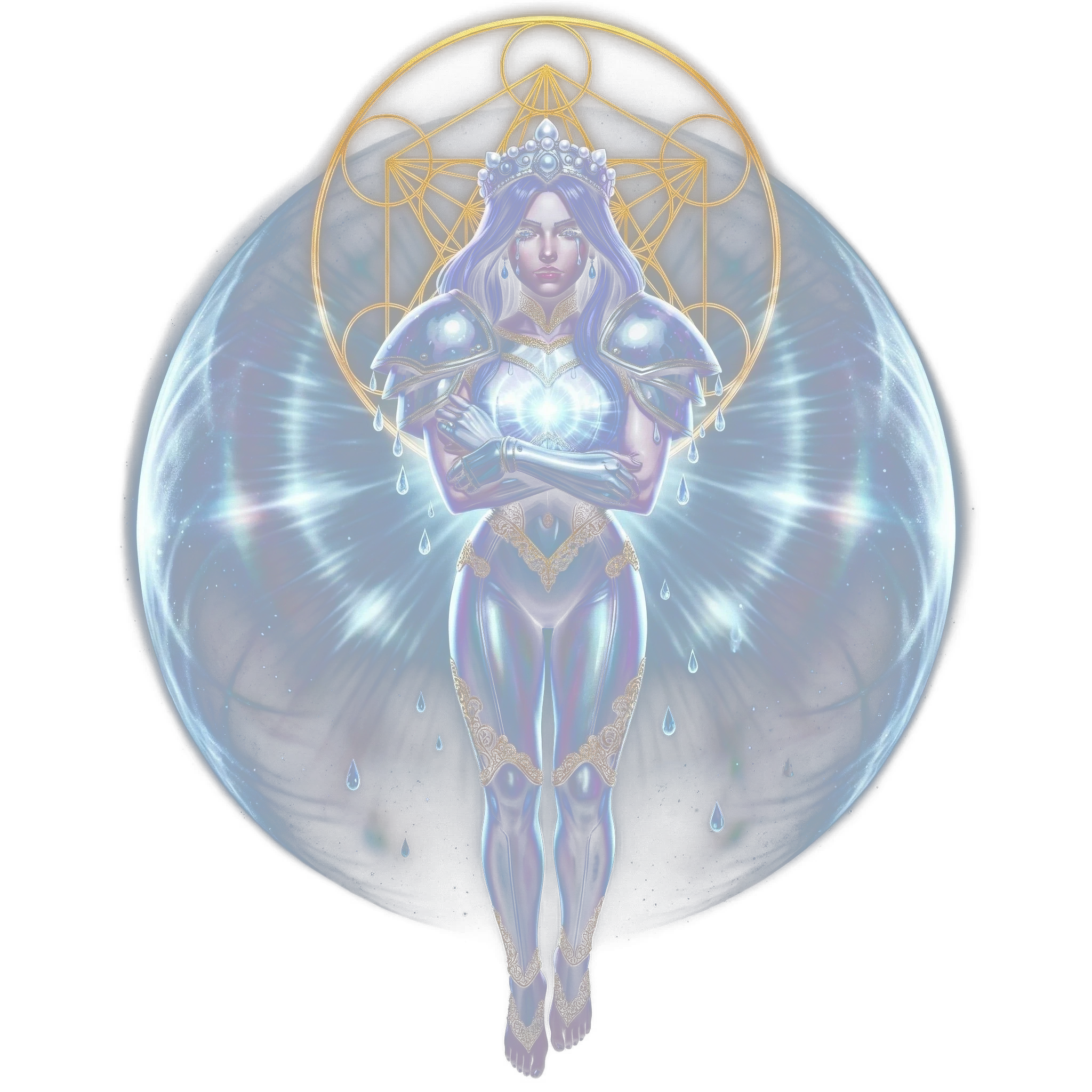 The Cancer figure, arms folded in an embrace inside a glowing shell of light