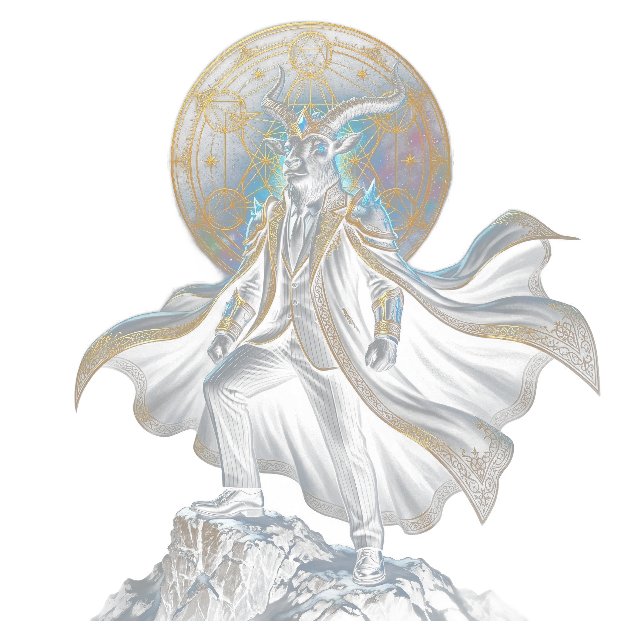 The Capricorn figure standing on a snowy mountain summit, cloak in the wind