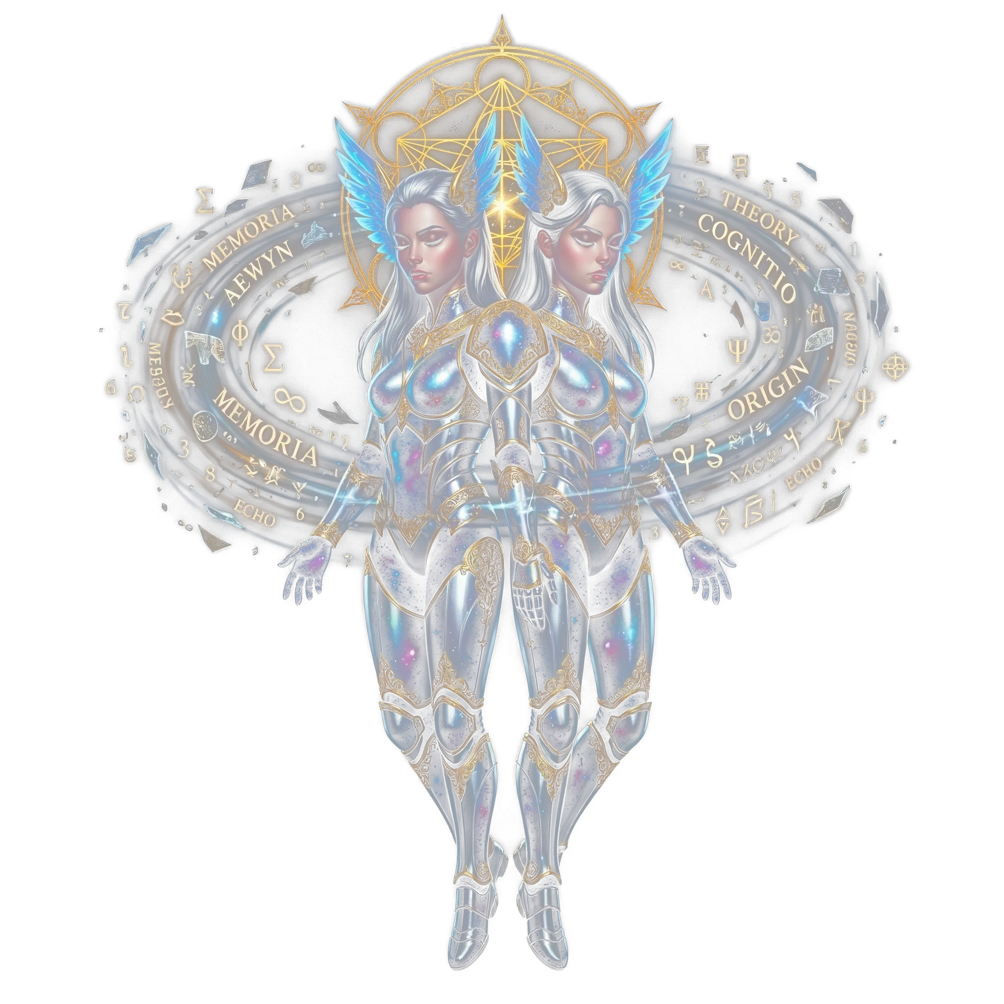 The Gemini twins side by side inside a swirl of written words
