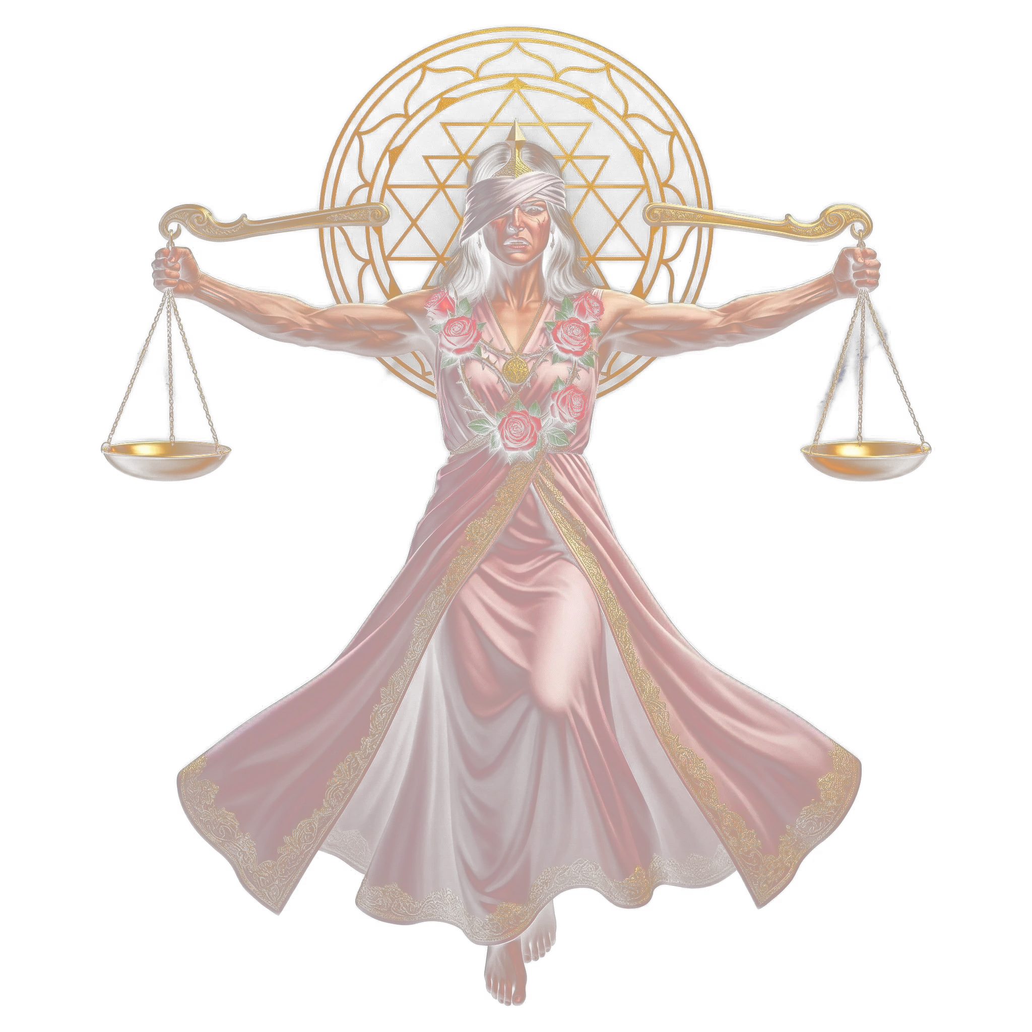 The Libra figure, blindfolded, holding the scales level
