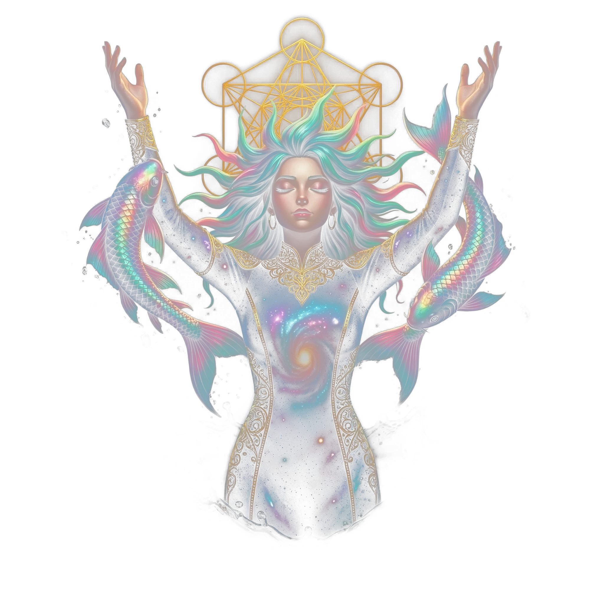 The Pisces figure rising with arms raised, two fish circling around it