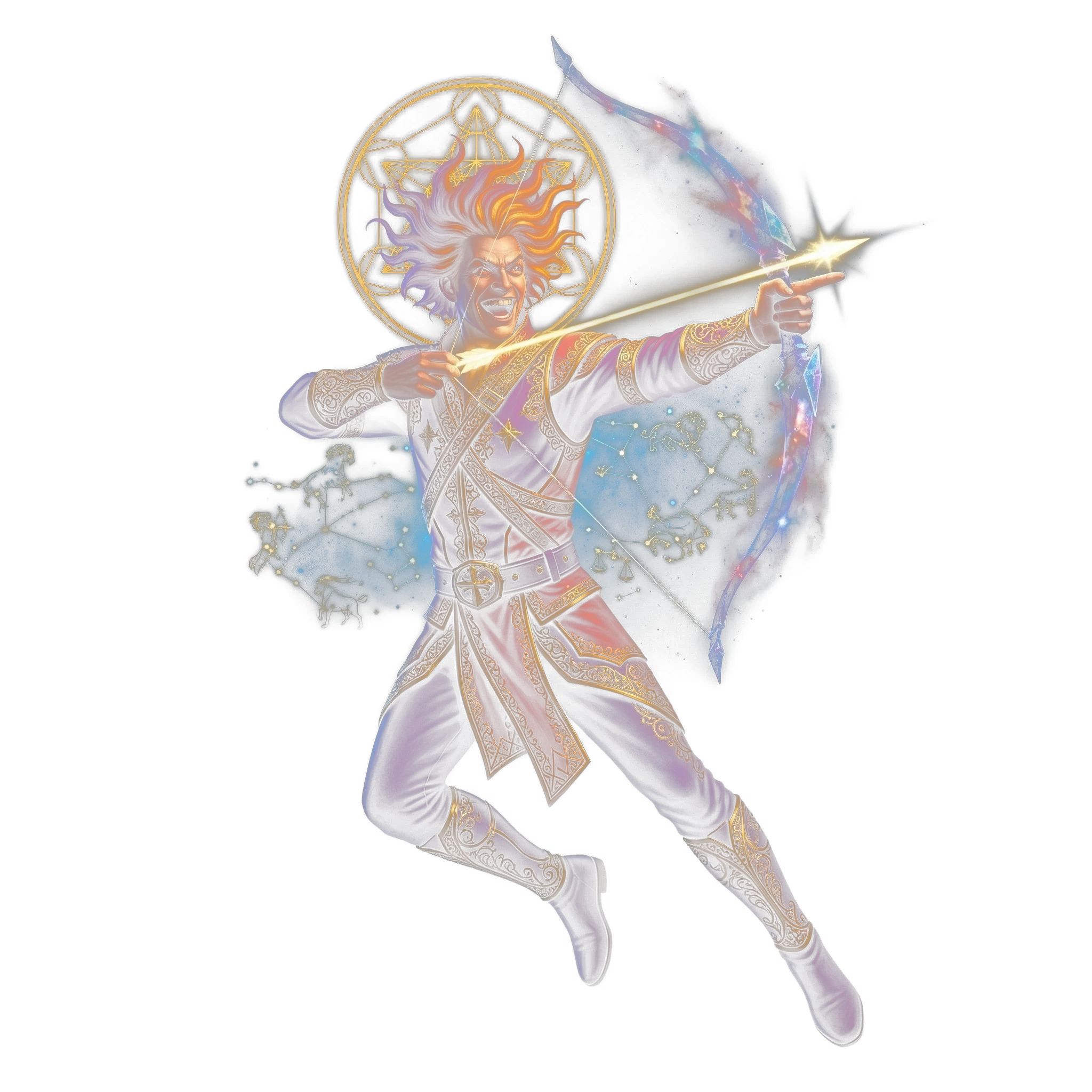 The Sagittarius archer mid-leap, arrow drawn, a constellation around him