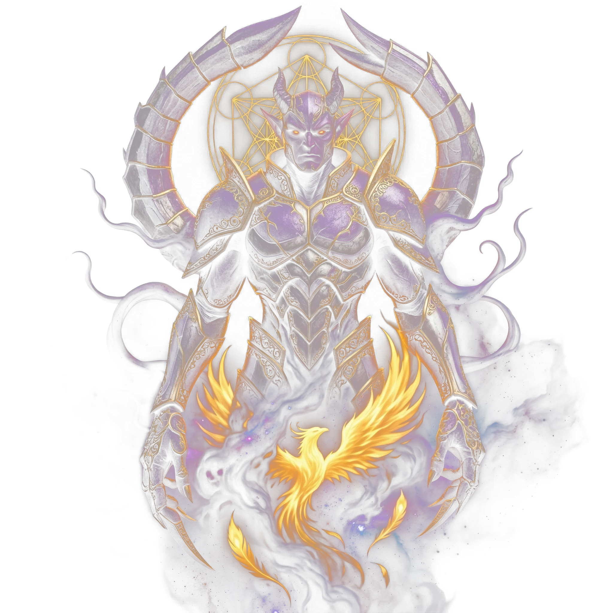 The Scorpio figure in dark armour, a golden phoenix rising from its heart