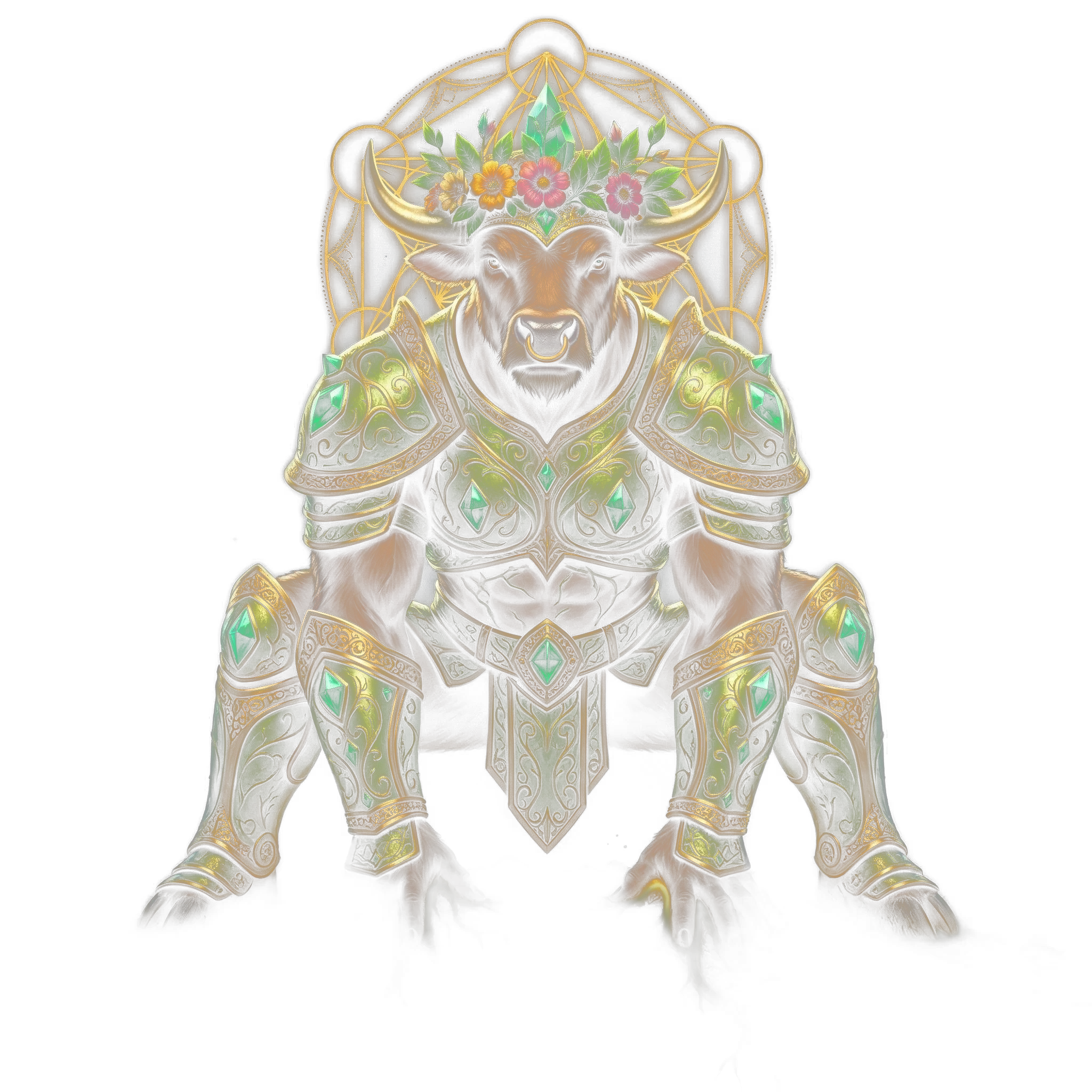 The Taurus figure crouched low and rooted, a crown of flowers between the horns