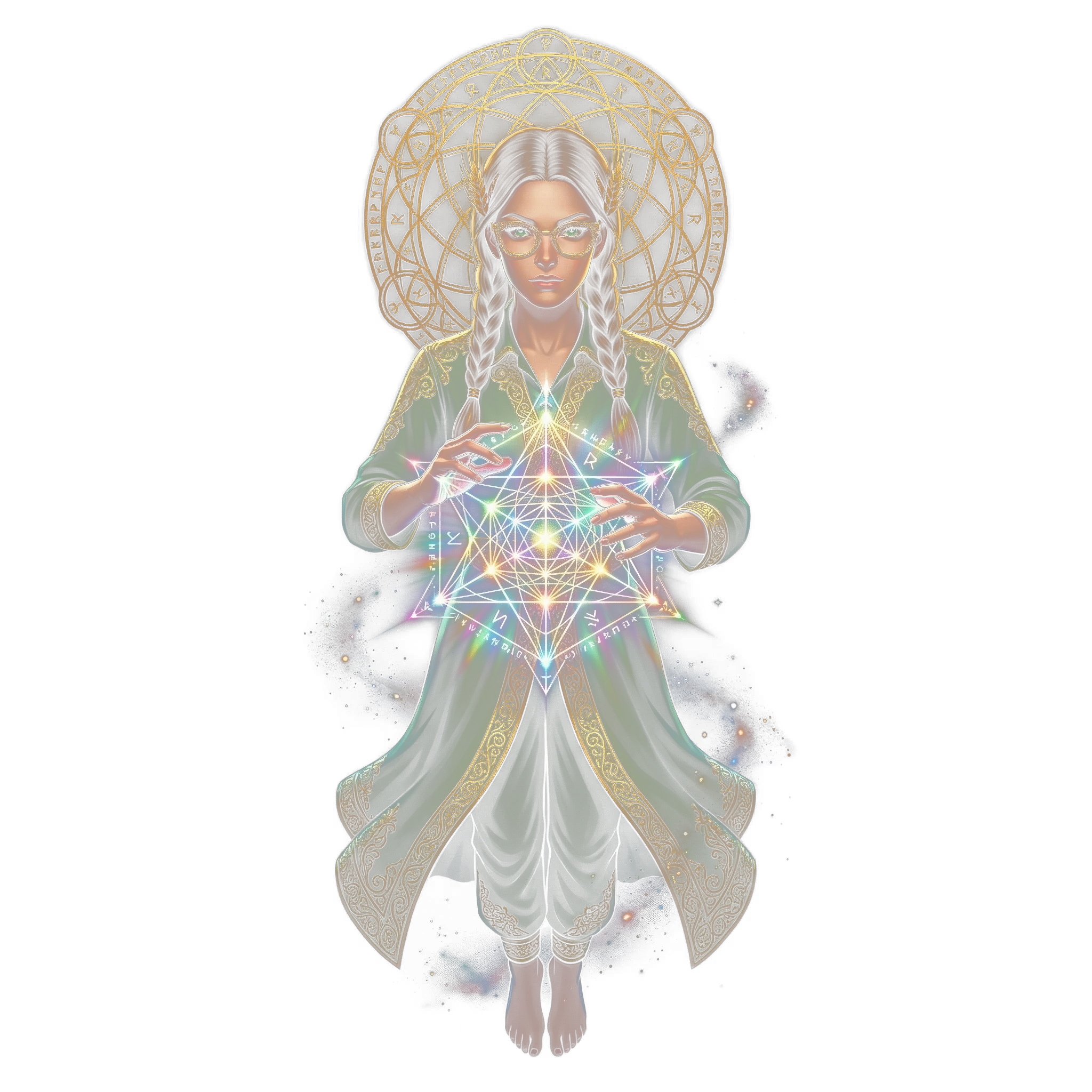 The Virgo figure holding a glowing crystal of sacred geometry between both hands
